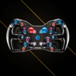 Cube Controls F-PRO steering wheel front view with carbon fiber plate and RGB illuminated controls