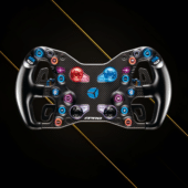 Cube Controls F-PRO steering wheel front view with carbon fiber plate and RGB illuminated controls