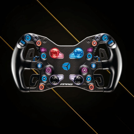 Cube Controls F-PRO steering wheel front view with carbon fiber plate and RGB illuminated controls
