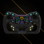 Cube Controls GT-X2 steering wheel front view with integrated LCD telemetry display and RGB controls