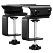 Angled view of Simagic T-LOC table clamp showing metal construction and tightening screws