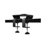 Simagic T-LOC wheelbase table clamp mounted on desk showing dual clamp mechanism and secure grip