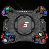 Illuminated front view of Simagic Neo X Hub with colored buttons and LED rev indicators