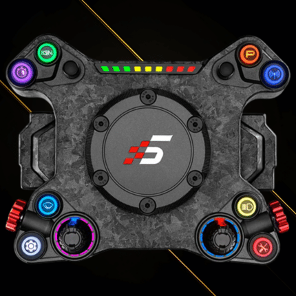 Illuminated front view of Simagic Neo X Hub with colored buttons and LED rev indicators