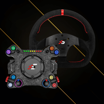 Simagic Neo X button plate with P325-D Alcantara steering wheel bundle front view with RGB controls