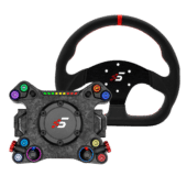Simagic P325-D flat-bottom leather steering wheel with red center stripe and premium finish bundle with Neo X button plate
