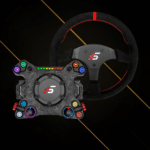 Simagic Neo X button plate with P330-R Alcantara steering wheel bundle front view with RGB controls