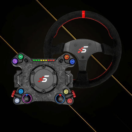 Simagic Neo X button plate with P330-R Alcantara steering wheel bundle front view with RGB controls