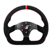 Simagic P325-D Alcantara steering wheel rim close-up showing stitching and grip material