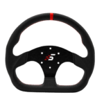 Simagic P325-D leather steering wheel rim close-up showing stitching and grip material