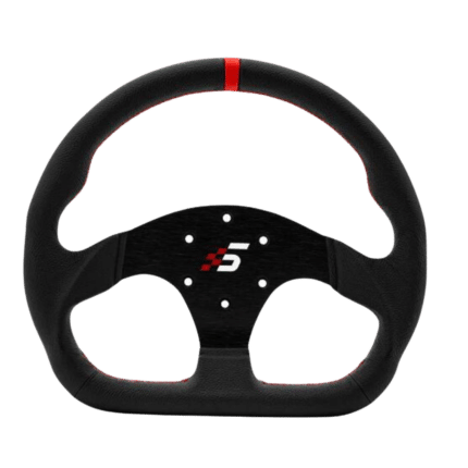 Simagic P325-D leather steering wheel rim close-up showing stitching and grip material