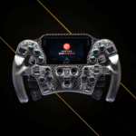 Asetek Invicta Formula wheel front view showing carbon fiber faceplate, integrated display and rotary encoders