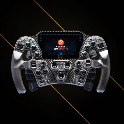 Asetek Invicta Formula wheel front view showing carbon fiber faceplate, integrated display and rotary encoders