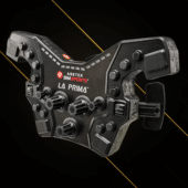 Asetek La Prima Formula button box angled front view showing rotary encoders, push buttons and carbon fibre finish