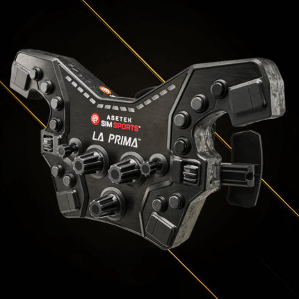 Asetek La Prima Formula button box angled front view showing rotary encoders, push buttons and carbon fibre finish