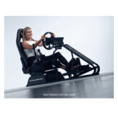 Driver seated in Next Level Racing GT Racer 2.0 simulator cockpit demonstrating racing position