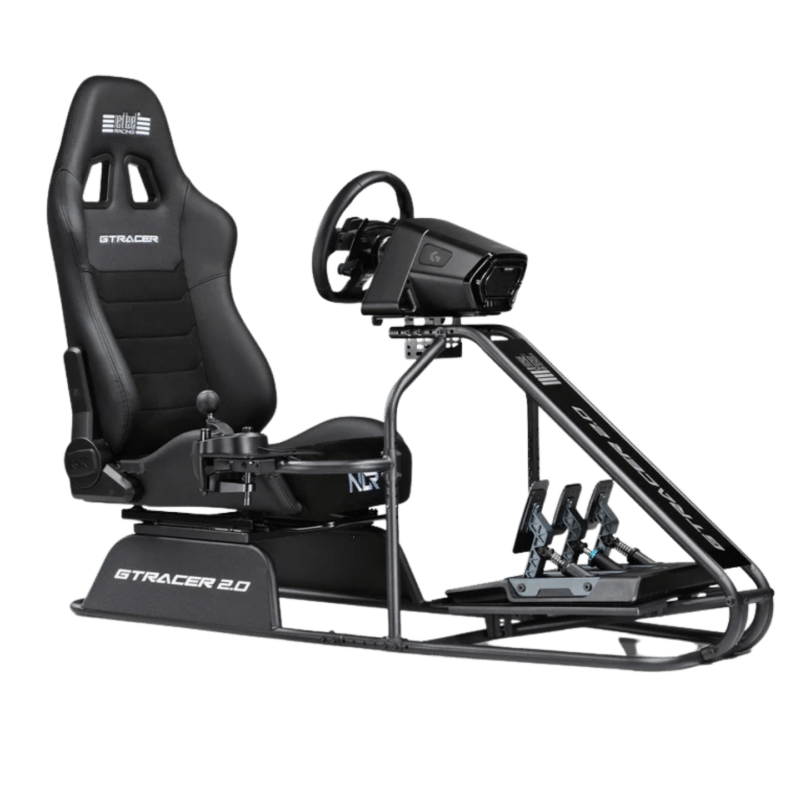 Next Level Racing GTRacer 2.0 complete sim racing cockpit setup with wheel mount and pedal tray