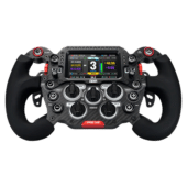 GSI Formula Pro Elite V2 sim racing wheel angled front view with integrated display, rotary encoders and carbon fibre faceplate