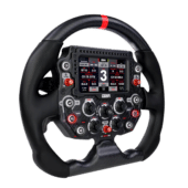 GSI GT-MAX32 sim racing wheel angled front view showing display, rotary encoders and ergonomic grips