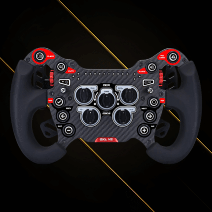 GSI GXL V2 sim racing wheel front view highlighting labeled controls, rotary switches and premium layout