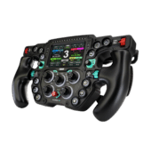 GSI Hyper P1 sim racing wheel angled front view showing display, rotary controls and ergonomic grips