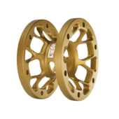 Simagic AH-50 hub extension gold angled perspective showing CNC machined design and finish