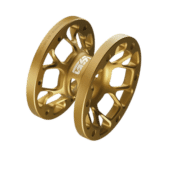 Simagic AH-50 hub extension gold three-quarter view showing lightweight structural design