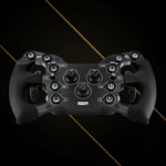GSI X-29 sim racing wheel low angle front view highlighting grip shape and control ergonomics
