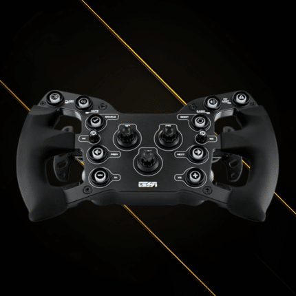 GSI X-29 sim racing wheel low angle front view highlighting grip shape and control ergonomics