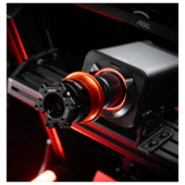 Close-up of Simagic QR-A quick release installed on wheelbase with red ambient lighting