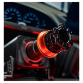Simagic QR-A quick release mounted on wheelbase showing orange anodized ring and locking hub system