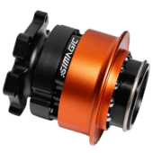 Angled product view of Simagic QR-A quick release showing precision machining and orange housing