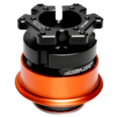 Top view of Simagic QR-A quick release showing locking interface and wheel connection plate
