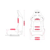 Technical dimensions of the PRS2 Performance Reclining Sim Racing Seat showing width, height, and ergonomic measurements.
