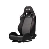 Angled view of PRS1 reclining sim seat built with ergonomic bolsters and grey cushioned seating for long endurance racing sessions.