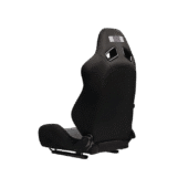 Back view of PRS1 sim racing seat featuring sleek black finish and harness ports, showcasing its durable construction and racing aesthetic