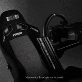 Next Level Racing PRS1 sim racing seat shown mounted in cockpit setup with steering wheel, designed for immersive sim racing experience.