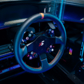 Neo X-330T racing wheel on sim rig with LED display and controls