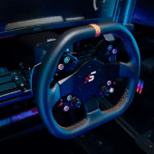Simagic Neo X-310G racing wheel mounted on direct drive base, close-up view showing LED buttons and orange-stitched grip.