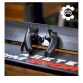 Asetek Formula XL handles close-up showing curved grip design and mounting points for high-end sim racing wheels