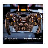 Asetek Formula XL handles installed on Asetek Forte steering wheel showing wider grip stance and racing control layout