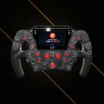 Asetek Invicta Formula wheel open D red front view showing carbon fiber faceplate, integrated display and rotary encoders