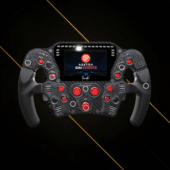 Asetek Invicta Formula wheel open D red front view showing carbon fiber faceplate, integrated display and rotary encoders
