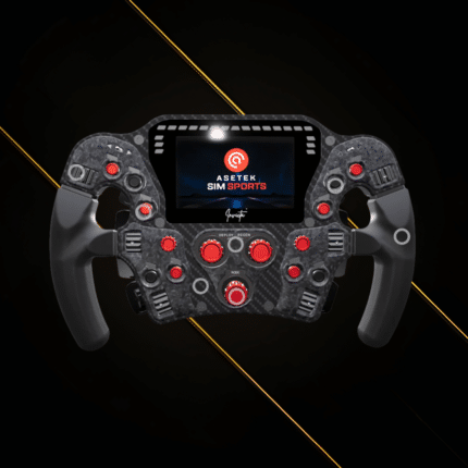 Asetek Invicta Formula wheel open D red front view showing carbon fiber faceplate, integrated display and rotary encoders