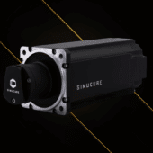 Simucube 2 Ultimate premium front angle render on black and gold background