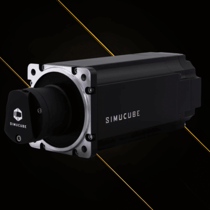 Simucube 2 Ultimate premium front angle render on black and gold background