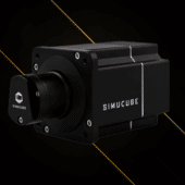 Simucube 2 Sport promotional render on dark background with gold streaks