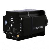 Simucube 2 Sport rear perspective with connection ports and branding