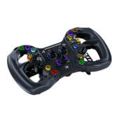 BavarianSimTec Alpha sim racing wheel angled view with RGB buttons and rotary encoders