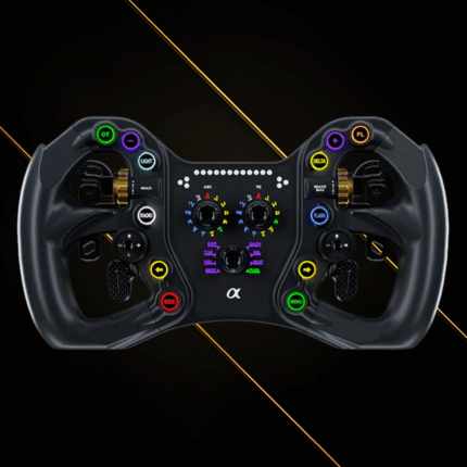 BavarianSimTec Alpha sim racing wheel front view with illuminated buttons and rotary control layout